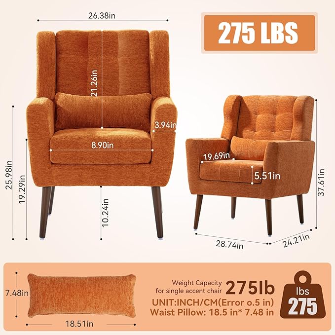 Accent Chair Set of 2, Upholstered Armchair with Pillow, Fabric Single Sofa Chair with Lounge Seat and Wood Legs Accent Chair for Living Room Small Spaces (Orange, Set of 2)-Ruum Studio Home