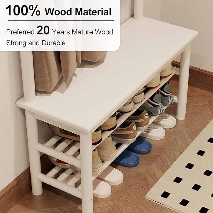 Coat Rack with Shoe Storage, Wooden Hall Tree with Bench, 11 Hooks and 2-Tier Storage Shelves, 3-in-1, Entryway Bench with Coat Rack (31.5"-White)-Ruum Studio Home