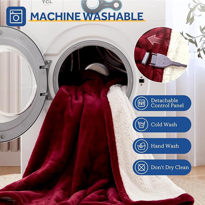 Sealy Electric Blanket Throw Size 50"*60",Super Cozy Flannel to Sherpa Reversible Heated Blanket Throw with 6 Heating Levels & 2-10 Hours Auto Off Overheating Protection Machine Washable,Red-Ruum Studio Home