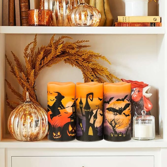 Wondise Halloween Flameless Flickering Candles with 6hrs Timer, Battery Operated Candles with Halloween Decals Real Wax LED Pillar Candles for Halloween Home Table Decor (3 x 6 Inches), Orange-Ruum Studio Home