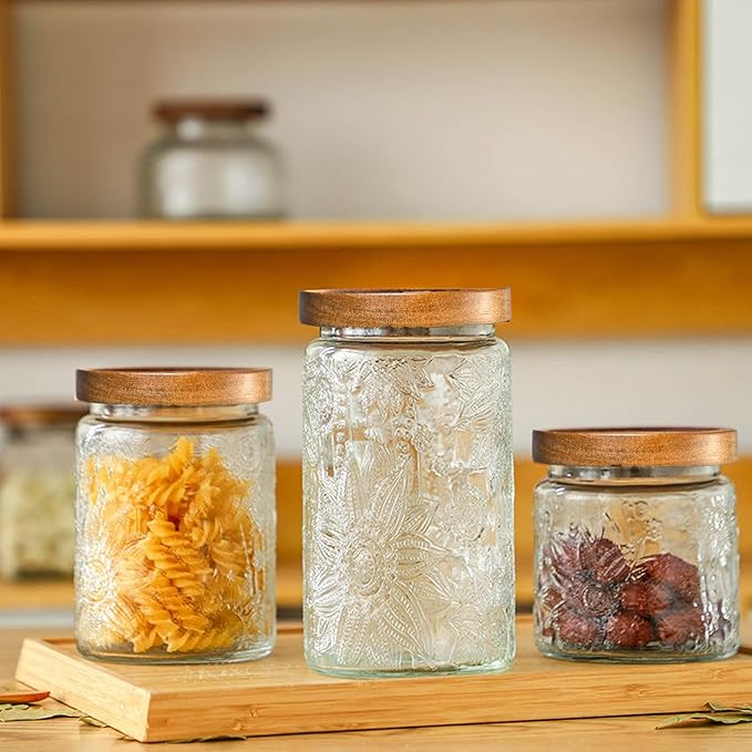 3-Pack 32oz Vintage Glass Jar With Lid, Glass Storage Containers, Airtight Kitchen Storage Containers For Sugar, Coffee, Tea, Spice, Flour, Candy Cookie, Pasta, Cereal-Ruum Studio Home