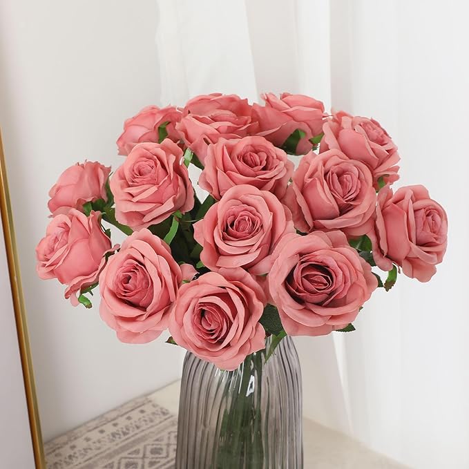 Pink Fake Roses Artificial Flowers - 10 Pcs Fake Artificial Roses Silk Flowers with Stems for Home Wedding Hotel Office Centerpiece Decor（Dusty Pink）-Ruum Studio Home