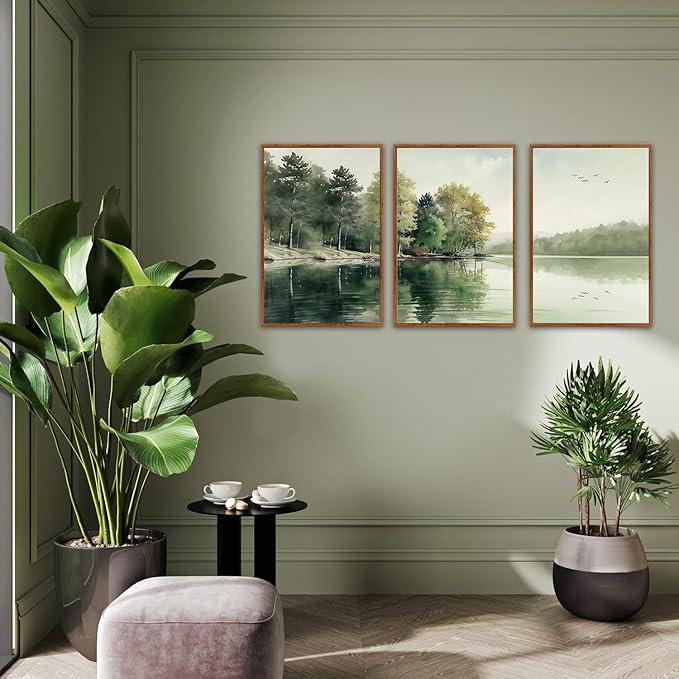KAIRNE Framed Nature Canvas Wall Art Set,Misty Forest Wall Decor,Green Mountain Forest Pictures,Lake Water Painting set of 3(16”x24”),Landscape Scene Print for Living Room, Bedroom,Gallery Decor-Ruum Studio Home
