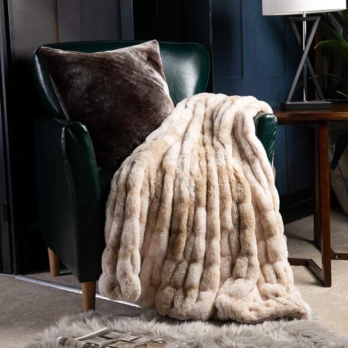 BATTILO HOME Ruched Luxury Faux Fur Throw Blanket Beige Tie-dye Rabbit Fur Blanket for Couch, Living Room, Fuzzy, Soft, Plush, Cozy, Elegant with Reversible Mink Blanket Beige, 60"x80"-Ruum Studio Home