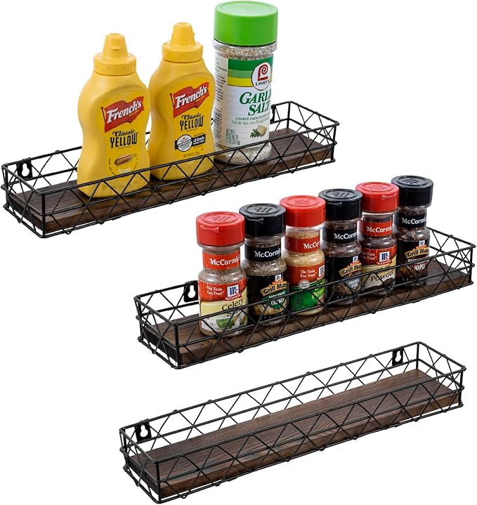 MyGift 14 Inch Wall Mounted Kitchen Spice Racks, Rustic Burnt Solid Wood and Black Metal Wire Geometric Hanging Organizers for Seasoning Jars or Condiment Bottles, Set of 3-Ruum Studio Home