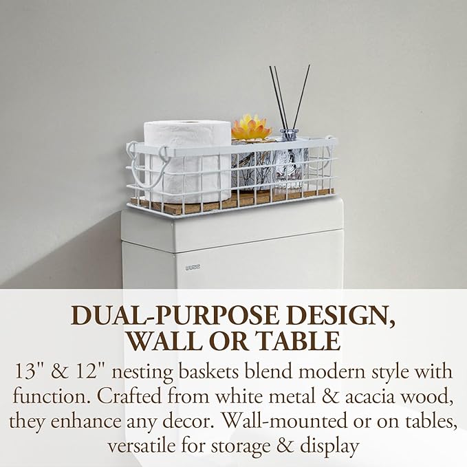 MyGift 13 and 12 Inch Nesting Storage Baskets with Handles, Wall Mounted or Tabletop White Metal Wire and Premium Acacia Wood Decorative Shelf Organizer Bins, 2 Piece Set-Ruum Studio Home