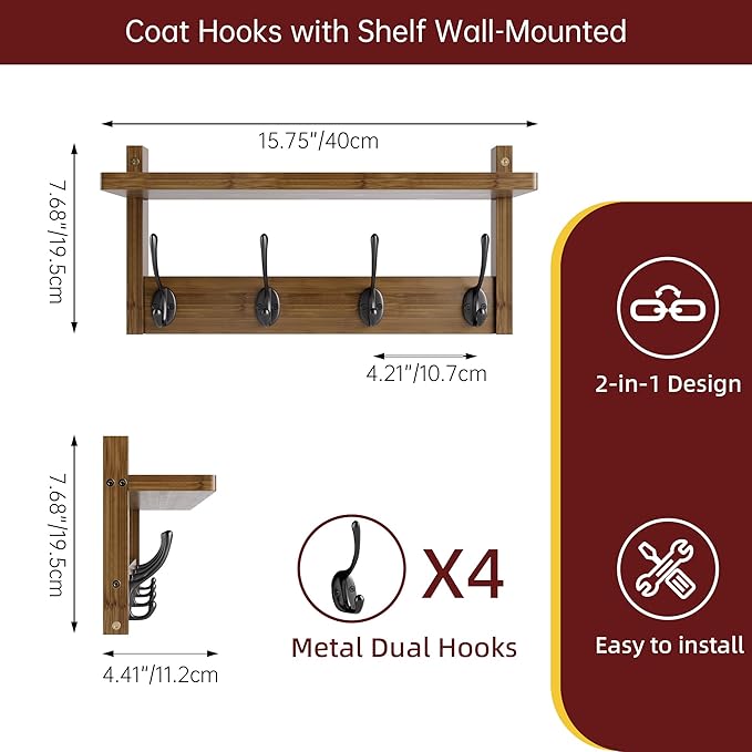 Coat Rack with Shelf Wall Mount, Entryway Bamboo Hanging Shelf, Set of 2, Wall Hook Rail for Hallway Décor, Storage Clothe, Hat, Robe, Key, Dog Leash (Walnut)-Ruum Studio Home