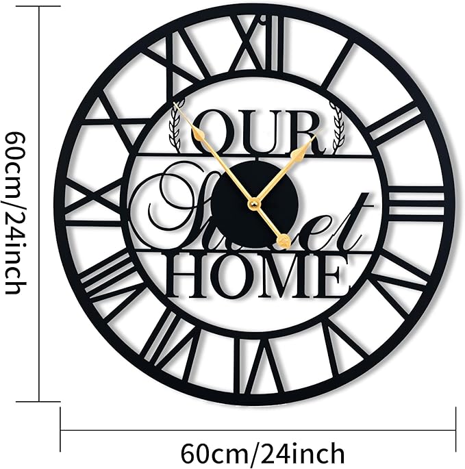 LBC.JzJu24inches/60cm Large Wall Clocks Battery Powered No Ticking Silent Round Black Modern Unique Metal Wall Clocks Suitable Living Room Kitchen Bedroom Fireplace Office Farmhouse。-Ruum Studio Home