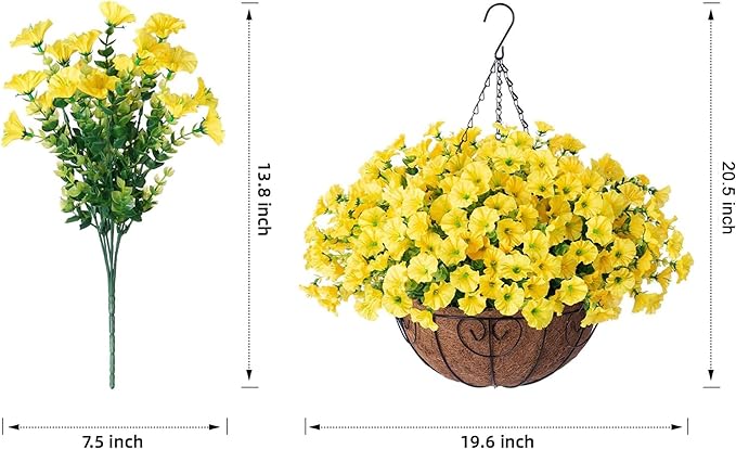 Artificial Fall Flowers Fake Hanging Plants Flowers Basket for Outdoors Autumn Decoration, Yellow Silk Morning Glory with Eucalyptus Look Real UV Resistant Faux Flowers for Outside Porch Patio Balcony-Ruum Studio Home