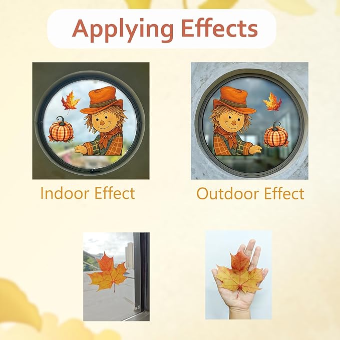 DC-BEAUTIFUL 153 Pcs Fall Window Clings, 12 Sheets Double Sided Autumn Pumpkin Scarecrow Maple Leaf Glass Stickers, Reusable Static Thanksgiving Window Decals Party Decors for Home Office School Shop-Ruum Studio Home