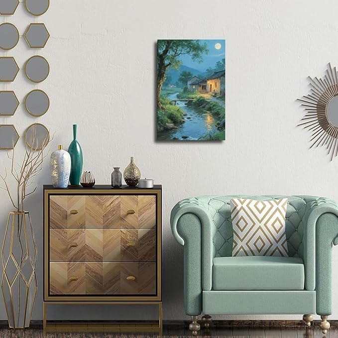 Moonlight under the big tree creek cabin scenery is suitable for posting in the living room bedroom office scenery poster wall painting-Ruum Studio Home