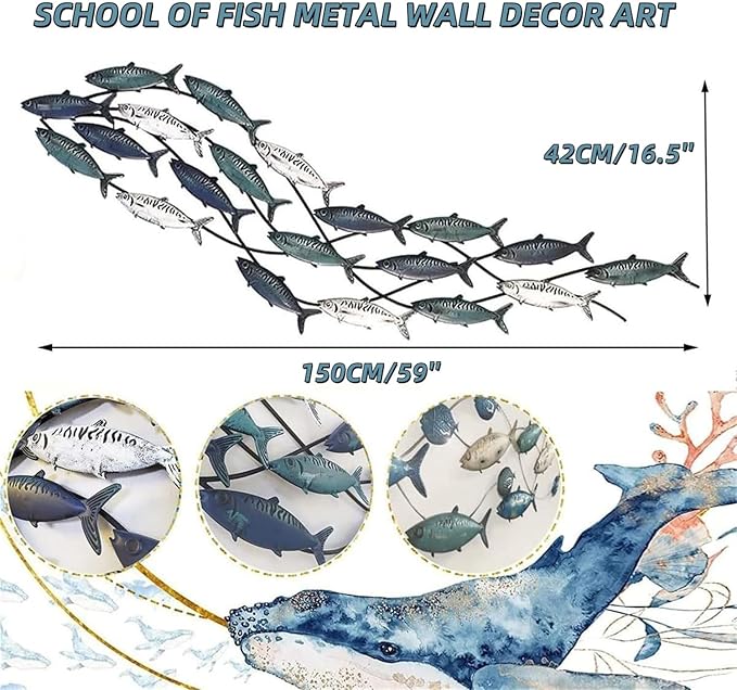 Coastal Metal Fish Wall Decor, Large Nautical Fish Wall Décor,School of 20 Fish Wall Art,3D Fish Wall Sculpture,Fish Metallic Art Decor,Perfect for Living Room,Bedroom,Beach Or Boat Decor,59" X 16.5"-Ruum Studio Home