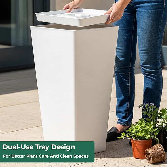 WORTH Garden Large 28 in.Tall Planters Set of 2 for Indoor and Outdoor, Heavy Duty Plastic White Modern Taper Flower Plant Pots with Drainage Hole and Dual-Purpose Tray for Front Porch, Patio-Ruum Studio Home