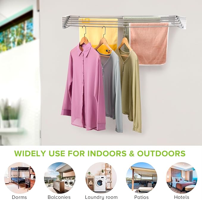 Wall Mounted Laundry Drying Rack, Retractable Clothes Drying Rack for Bathroom with Wall Template, 5 Stainless Rods Heaving 60 lb Capacity (White, 40")-Ruum Studio Home