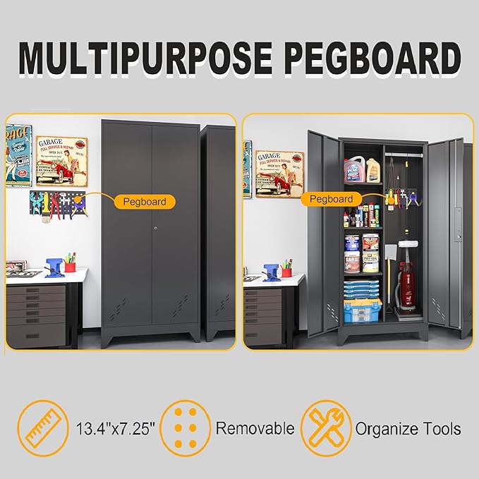 61" H Metal Storage Cabinet, Utility Cabinets with Locking Doors, Laundry Cabinet with Hanging Rod, Garage Tool Storage Cabinets for Home Office, Garage, Bathroom (Black)-Ruum Studio Home