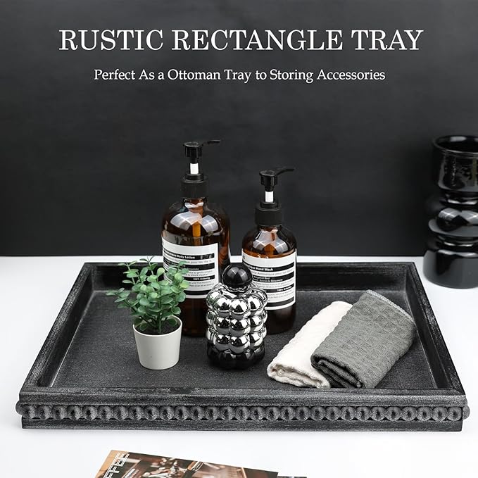 Rectangle Wood Serving Tray with Beads, Black Washed Wooden Decorative Tray for Entertaining, Decoration, and Gifting-Ruum Studio Home