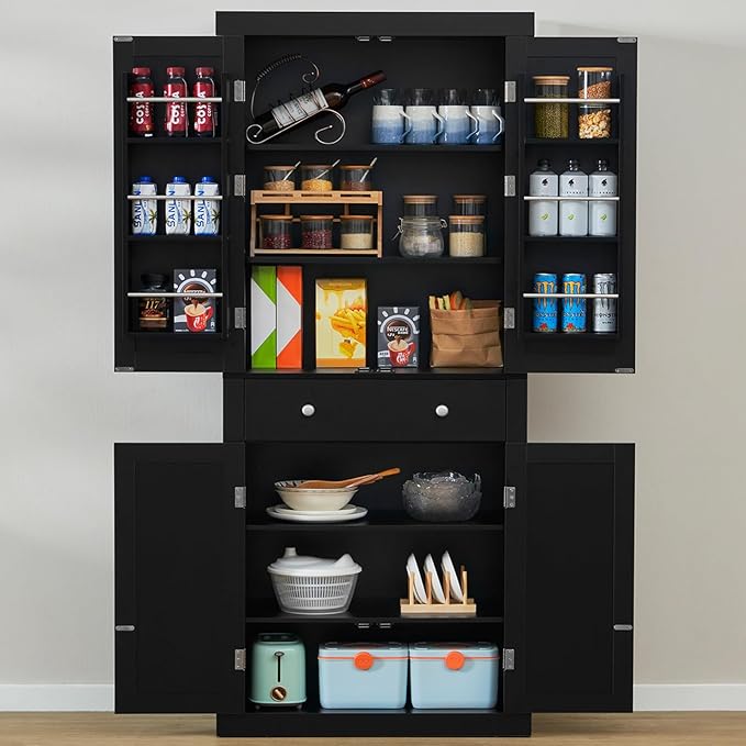 usikey 72” Kitchen Pantry Cabinet, Tall Storage Cabinet with 4 Doors and 1 Drawer, Freestanding Cupboard with 6 Hanging Shelves and Adjustable Shelves for Kitchen, Dining Room,Living Room, Black-Ruum Studio Home