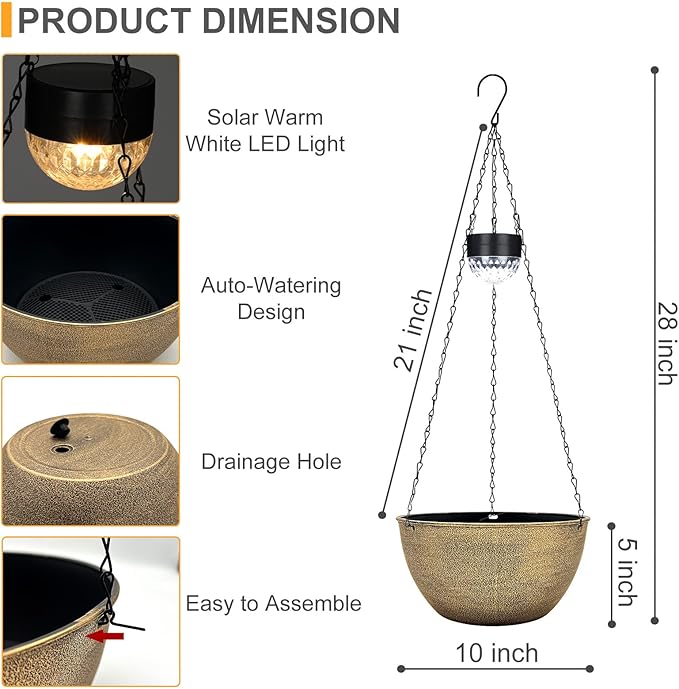 2 Packs Hanging Planters Basket for Outdoor Plants, Solar Powered Self Watering Copper Round Plastic Flower Pots with Drainer for Balcony Patio Garden Outdoor Decoration-Ruum Studio Home