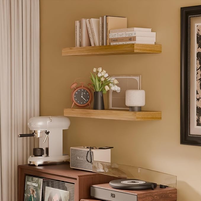 IAE Floating Wall Shelves 16 inch,Bathroom Shelves Wall Mounted,Invisible Shelves Floating Kitchen Shelves,Wooden Wall Shelves with Brackets for Living Room Wall Mounted,Easy Install,Set of 2,Natural-Ruum Studio Home