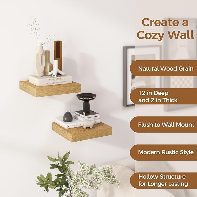 Fun Memories 12 Inch Floating Shelf, Rustic Wood Wall Shelves for Wall Decor & Storage, 12 x 12 Floating Shelf for Living Room, Bathroom, Bedroom, Oak, Set of 2-Ruum Studio Home