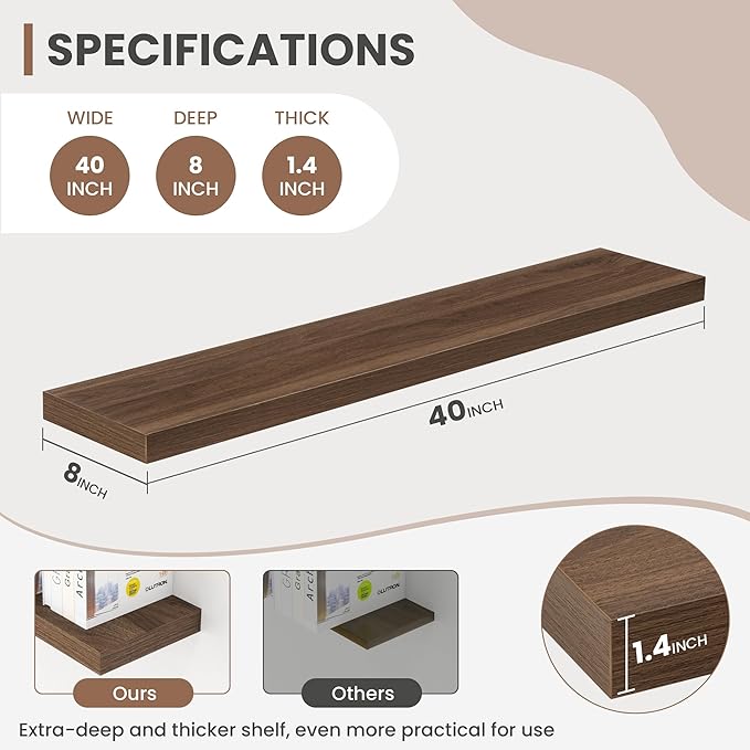 40 Inch Floating Shelves, 8 Inch Deep Floating Shelves for Wall, Hanging Shelf with Invisible Brackets, Deep Shelves for Bathroom, Bedroom, Living Room, Walnut, Set of 2-Ruum Studio Home