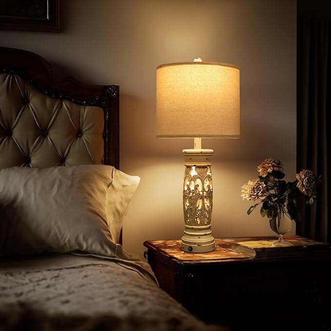BOBOMOMO 27.25” Farmhouse Table Lamps Set of 2 – Antique White Bedside Lamps with Night Light & USB A+C Ports, Vintage Lamps for Bedroom, Living Room, Entryway, Console Table (Bulbs Included)-Ruum Studio Home