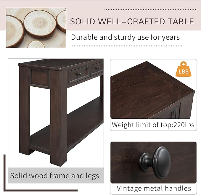 63" Solid Wood Console Table Sofa Table with Storage Drawers and Bottom Shelf,Farmhouse Entryway Table for Hallway Foyer,Sofa Couch Table,Fully Assembled (63" Espresso)-Ruum Studio Home