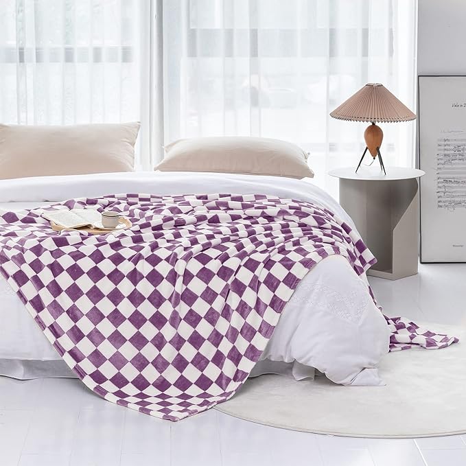 LOMAO Throw Blankets Flannel Blanket with Checkerboard Grid Pattern Soft Throw Blanket for Couch, Bed, Sofa Luxurious Warm and Cozy for All Seasons (Purple, 60"x80")-Ruum Studio Home