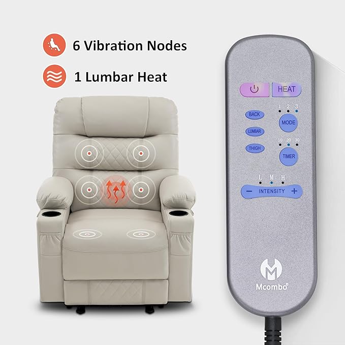 MCombo Zero Gravity Power Recliner Chair with Heat and Vibration Massage, Reclining Chair with USB Ports, Cup Holders for Living Room, Faux Leather PR621 (Light Grey)-Ruum Studio Home