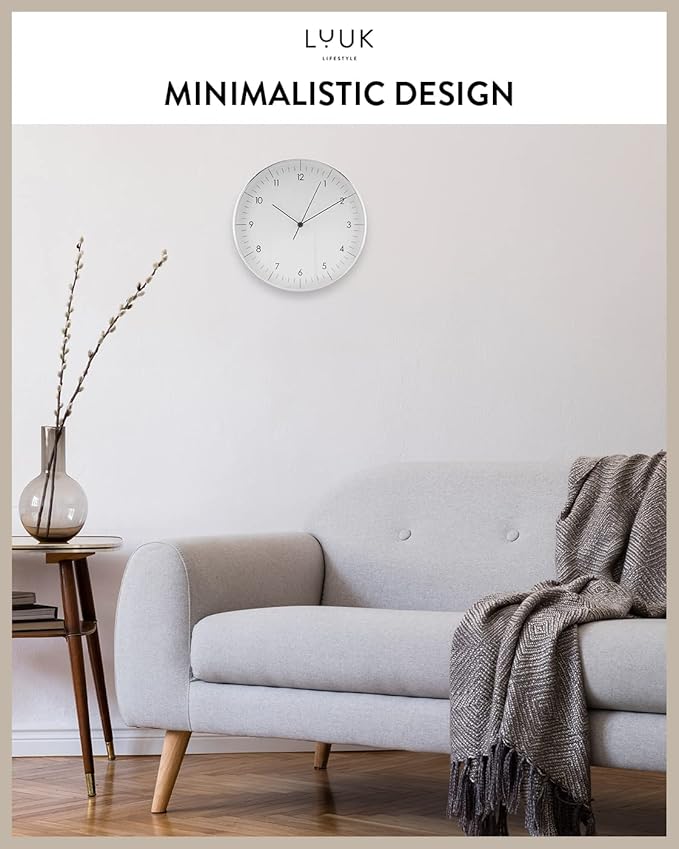 LUUK LIFESTYLE Modern Wall Clock Without Ticking, Pure Minimalist Design, legible Digits, Home Decor for Living Room, Office, in White and Silver-Ruum Studio Home