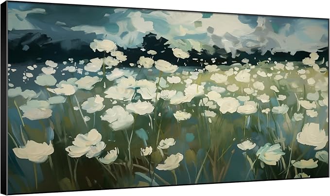 SIGNWIN 30"x60" Extra Large Framed Wall Art White Wildflower Field in Impressionist Style, Soft Floral Landscape for Home Living Room Bedroom Decor (Frame Assembly Required)-Ruum Studio Home
