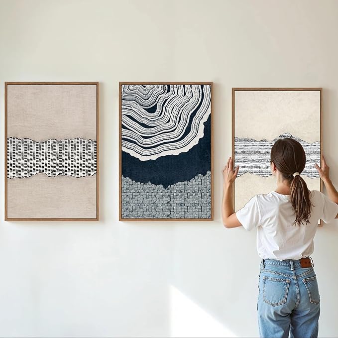 SIGNINART Blue and Beige Framed Canvas Wall Art Set, Neutral Abstract Tree Ring Wall Decor, Minimalist Dots and Line Artwork, Geometric Pattern Art Paintings for Living Room, Bedroom, Office 16"x24"x3-Ruum Studio Home