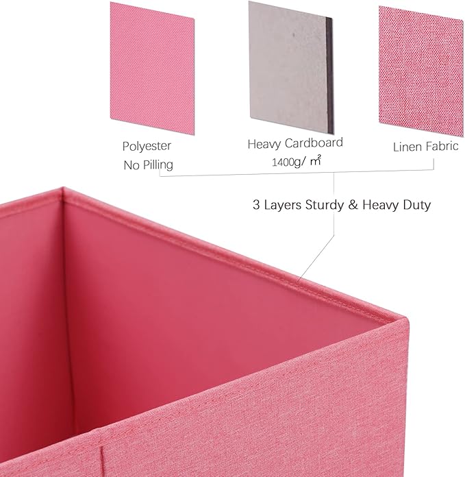 HOONEX Linen Foldable Storage Bins with Lids, 2 Pack, Storage Boxes with Carrying Handles and Sturdy Heavy Cardboard, 16.5" L x 11.8" W x 7.5" H for Shoes, Books, Clothes, Nursery, Pink-Ruum Studio Home
