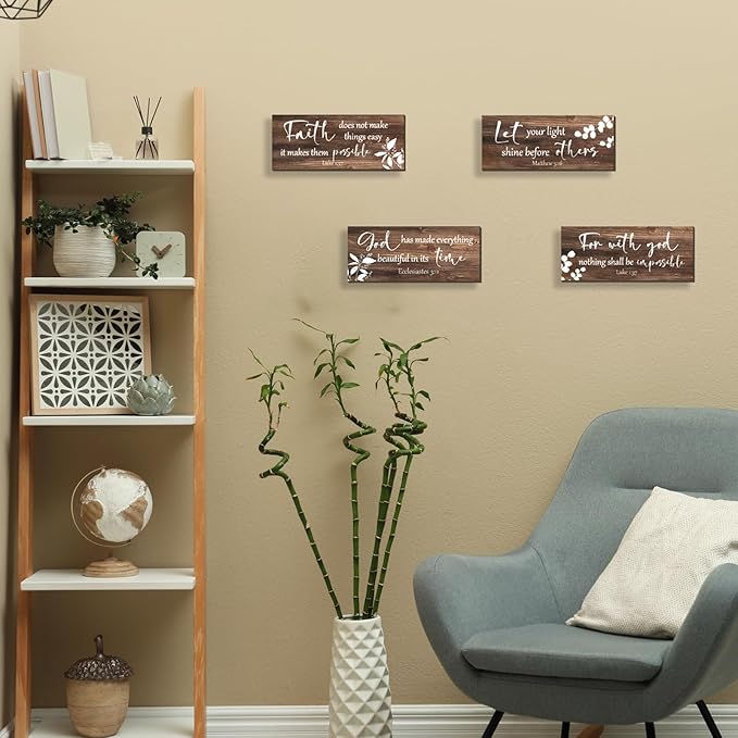 FENCORDAR 4 Pieces Brown Wall Decor Bible Verses Bathroom Decor Wooden Farmhouse Office Christian Wall Art Religious Art for Women Office Home Bedroom Living Room Decor(Brown 10x4)-Ruum Studio Home