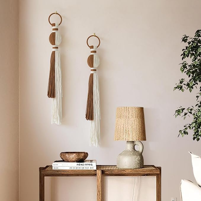 2Pcs Macrame Wall Hanging Boho Home Decor Fiber Art with Sphere Knots Tassels Handmade Yarn Art for Bedroom Living Room Office Entryway-Ruum Studio Home