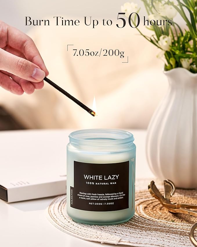 M&SENSE White Lazy - Clean Cotton & Jasmine Scented Natural Soy Wax Jar Candles for Home Decor 7.05oz 50 Hour Long Lasting Burning, Non Toxic Organic Natural Relaxing Candle for Women-Ruum Studio Home