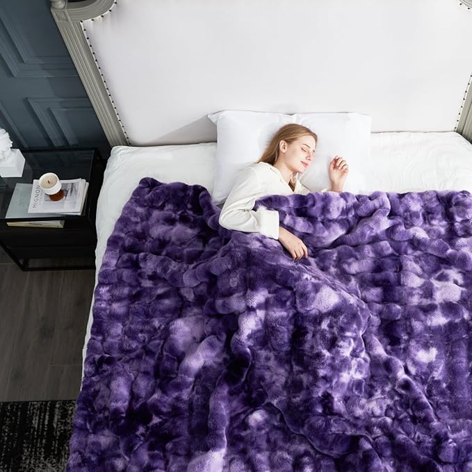 Cozy Bliss Faux Fur Throw Blanket for Couch, Fuzzy Soft Plush Thick Bubble Blanket for Sofa Bedroom Living Room, 60 * 80 Inches Tie-dye Purple-Ruum Studio Home