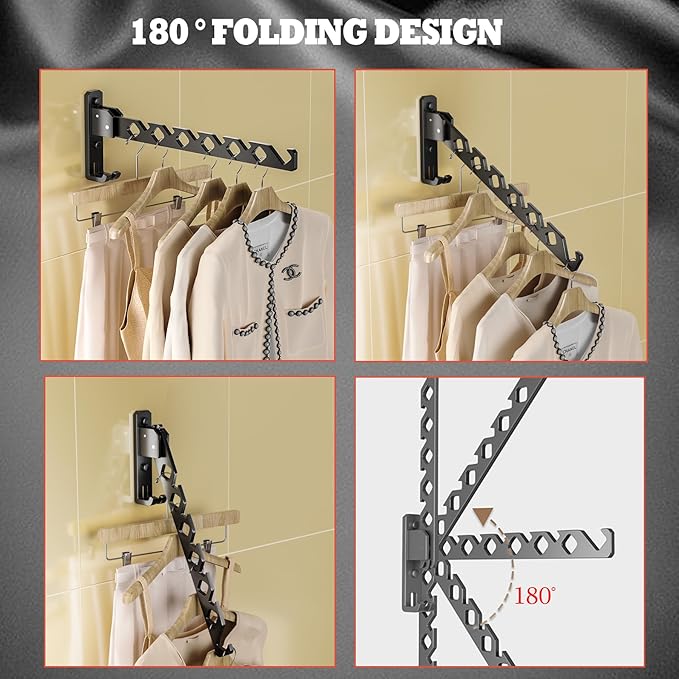 Wall Mount Coat Hanger Holder Black Clothes Drying Organizer Rack Garment Hooks Aluminium Retractable Folding Indoor Wall Mounted Hanger Space Saver for Laundry Room Bedroom Black 2 Pack with 8 Hooks-Ruum Studio Home