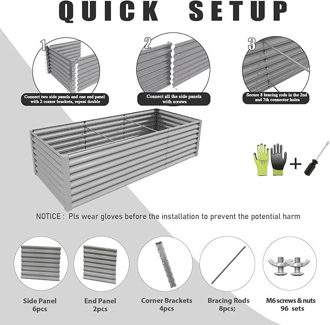 1 Pack 8x3x2FT Galvanized Raised Garden Bed Kit Retangular Metal Ground Planter Box Outdoor Bottomless Planter Raised Beds for Vegetables Flowers Herbs Fruits, Gray-Ruum Studio Home