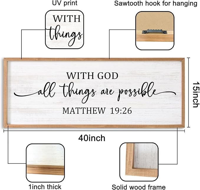 With God All Things are Possible Framed Wall Art, 40''×15'' Positive Religious Rustic Bible Verse for Christian God Jesus Christ Prayer, Vintage Horizontal Holy Inspirational Catholic Scripture Decor-Ruum Studio Home
