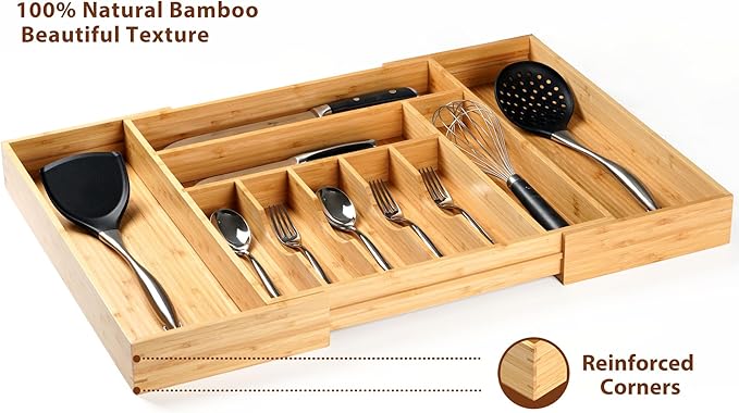 Umilife Extra Large Expandable Kitchen Siverware Utensils Drawer Organizer, 19" Deep for Big Drawer, Adjustable Bamboo Wood Drawer Divider with Curved Grooves, Cutlery Tray Flatware Holder-Ruum Studio Home