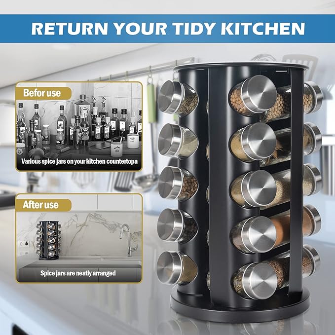 Black Countertop Revolving Spice Rack, Empty 20-Jars Rotating Spice Rack Organizer, Round Carousel Tower, 135 Spice Labels with Funnel Complete Set, for Kitchen Countertop, Cabinet-Ruum Studio Home