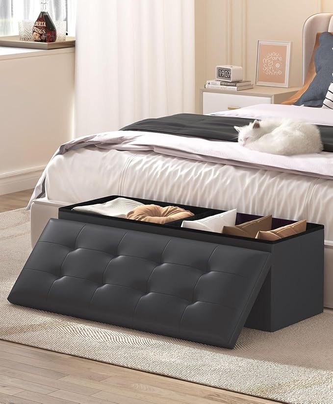 Storage Ottoman Bench, Folding Ottoman Foot Rest, 15 x 43 x 15 Inches, End of Bed Bench,Storage Chest, for Living Room, Bedroom, Hallway, Entryway, Holds up to 700 lb,Black-Ruum Studio Home
