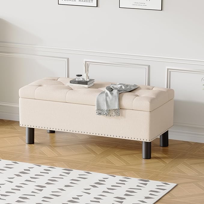 Furniliving 42” Ottoman Bench with Storage, Folding Storage Ottoman Benches with Wood Legs, Upholstered Bedroom Bench with Button-Tufted, Entryway Bench for Bedroom, Linen, Beige-Ruum Studio Home