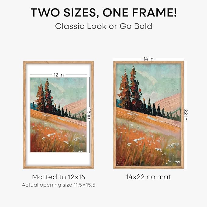 Homeforia 14x22 Picture Frame Wood, High End Natural Oak 14x22 Light Wooden Poster Frame with Mat 12x16, 14 x 22 Frames Matted to 12 x 16 Photo, 22x14 Hanging Frame, Tempered Glass, Wall Kit, Set of 1-Ruum Studio Home