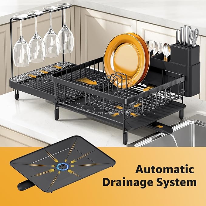 Dish Drying Rack for Kitchen Counter, Expandable Large Capacity Dish Rack with Drainboard, Wine Glasses Holder, Space Saving Organizer, Black-Ruum Studio Home