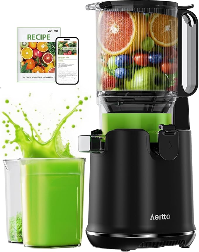 Juicer Machines,Aeitto Cold Press Juicer with 5.3“ Extra Large Feed Chute for Whole Fruits & Vegetables, Juice Extractor Machine, Self Feeding, Easy to Clean, High Juice Yield, Black-Ruum Studio Home