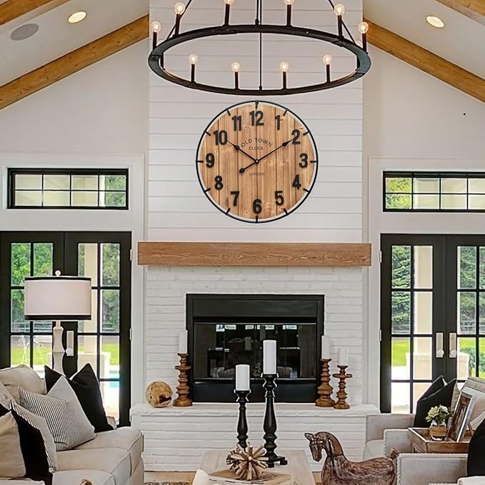 Large Old Town Farmhouse Wall Clock 24 Inch Rustic Antique Wood with Metal Circle and Large Numerals Silent Battery Operated Wall Clock for Office Kitchen Bedroom Living Room-Ruum Studio Home