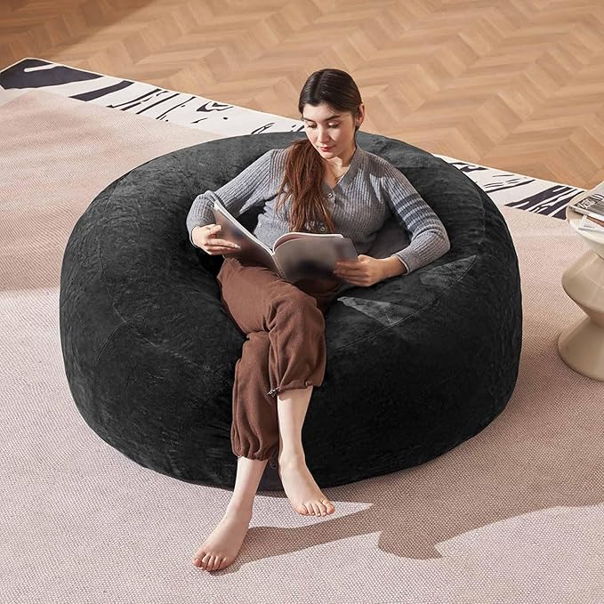 Bean Bag Chair 4Ft, Memory Foam Filled, Large Beanbag Chairs for Adults and Teens, Soft Sofa with Removable Flannel Cover, Round Couch for Living Room Bedroom College Dorm (Black, 4FT-47×47"×24")-Ruum Studio Home