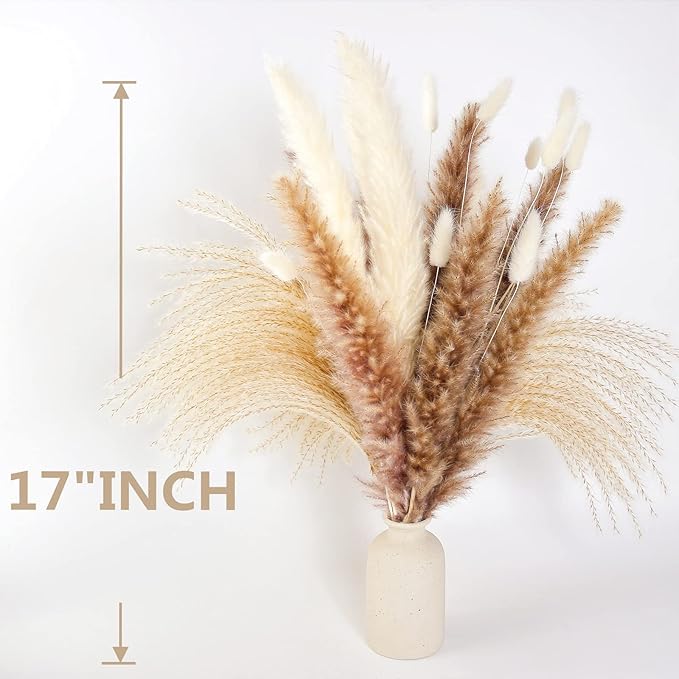 Natural Dried Pampas Grass Decor, 100 PCS Pampas Grass Contains White Bunny Tails Dried Flowers, Reed Grass Bouquet for Wedding Boho Flowers Home Table Decor, Rustic Farmhouse Party-Ruum Studio Home